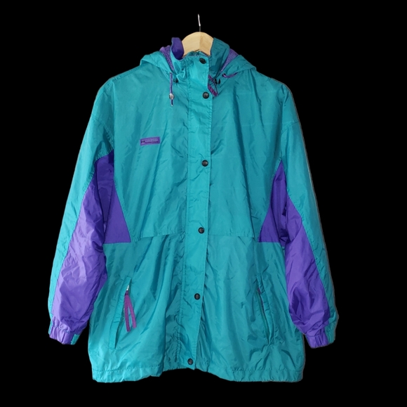 Retro Columbia Hooded Waterproof Windbreaker Green Teal Purple - Picture 1 of 16
